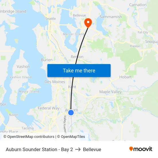Auburn Sounder Station - Bay 2 to Bellevue map