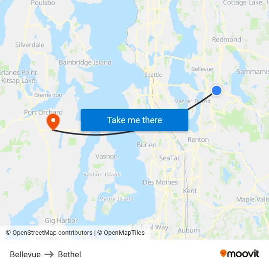 Bellevue to Bethel map
