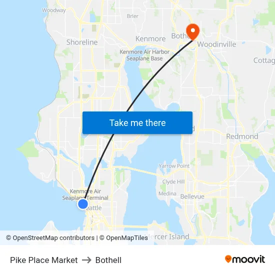 Pike Place Market to Bothell map