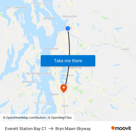 Everett Station Bay C1 to Bryn Mawr-Skyway map