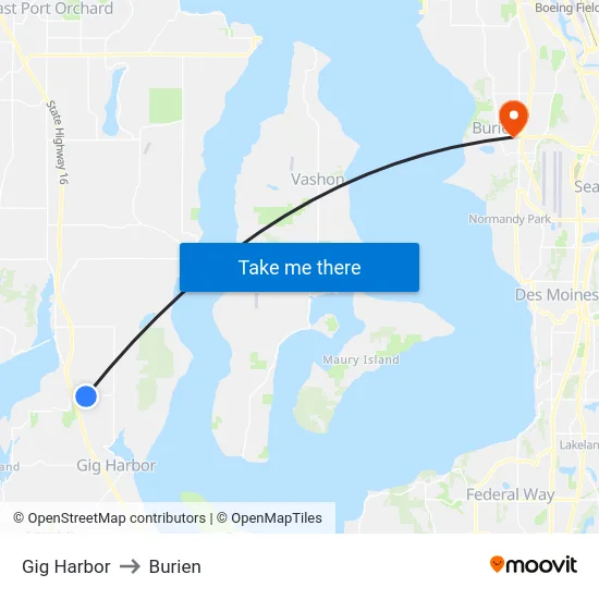 Gig Harbor to Burien map