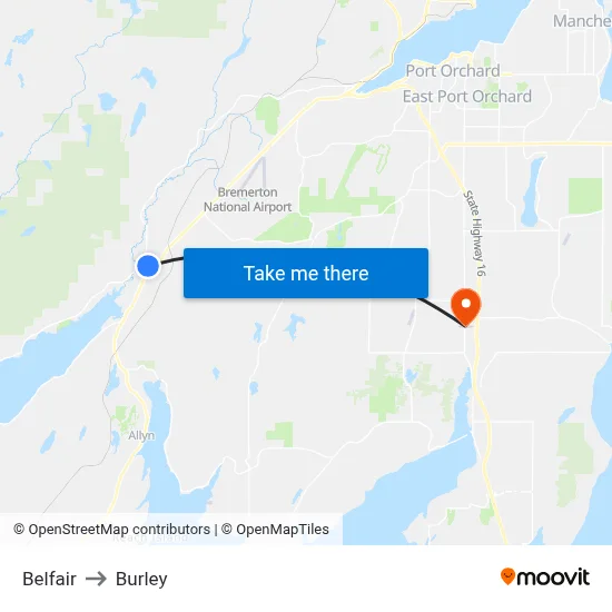 Belfair to Burley map