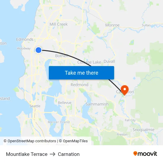 Mountlake Terrace to Carnation map
