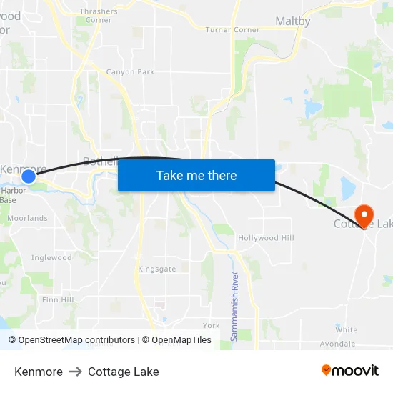Kenmore to Cottage Lake map
