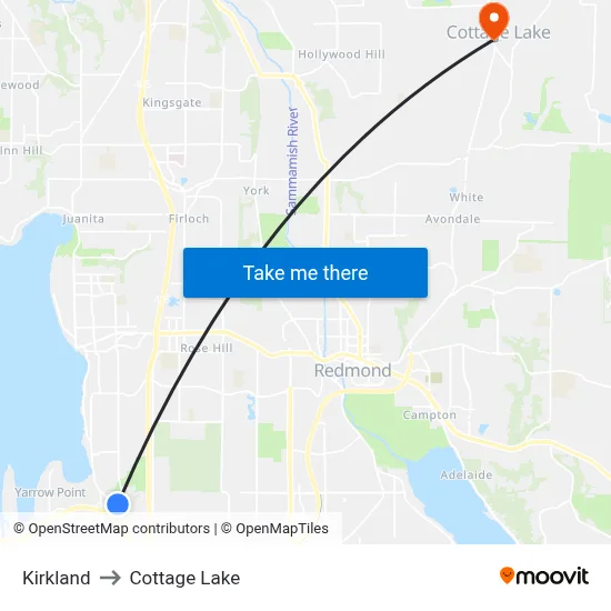 Kirkland to Cottage Lake map