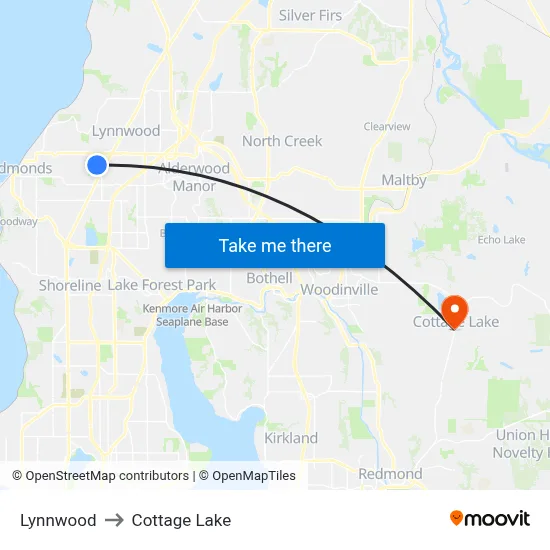 Lynnwood to Cottage Lake map