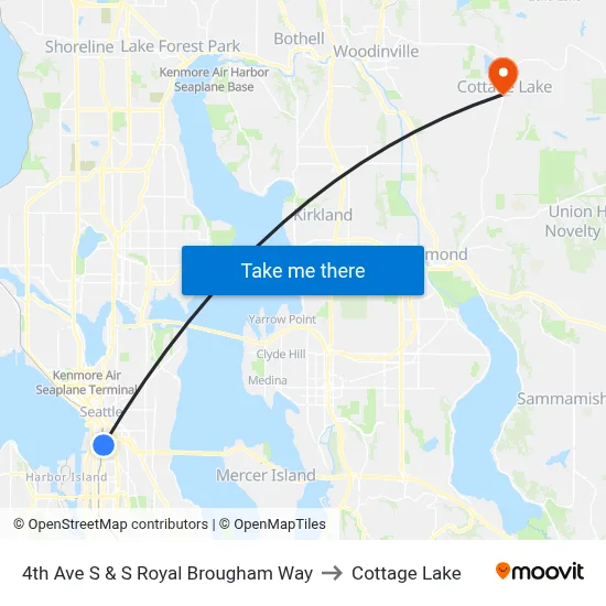 4th Ave S & S Royal Brougham Way to Cottage Lake map