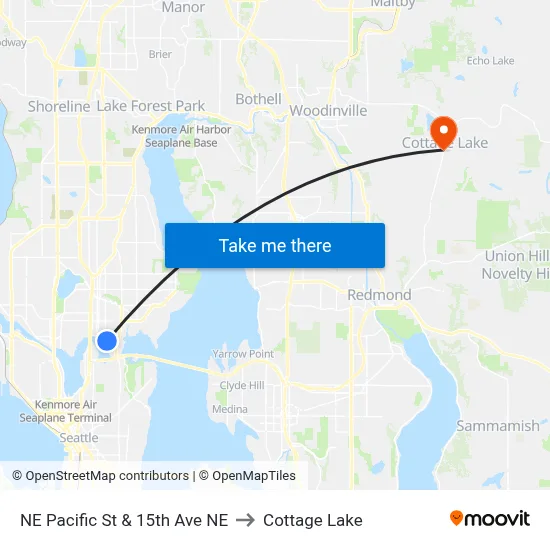 NE Pacific St & 15th Ave NE to Cottage Lake map