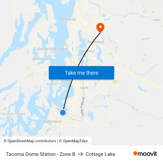 Tacoma Dome Station - Zone B to Cottage Lake map