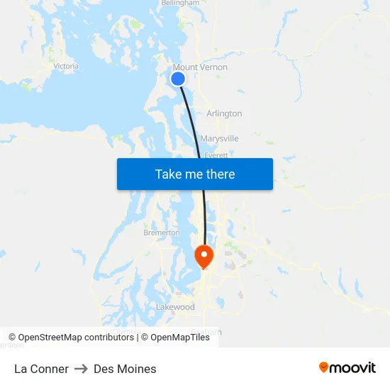 La Conner to Des Moines map
