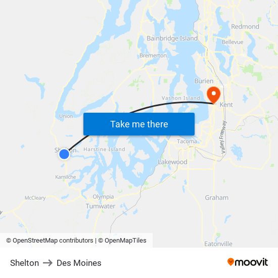 Shelton to Des Moines map