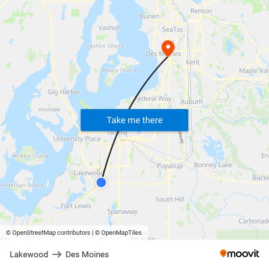 Lakewood to Des Moines map