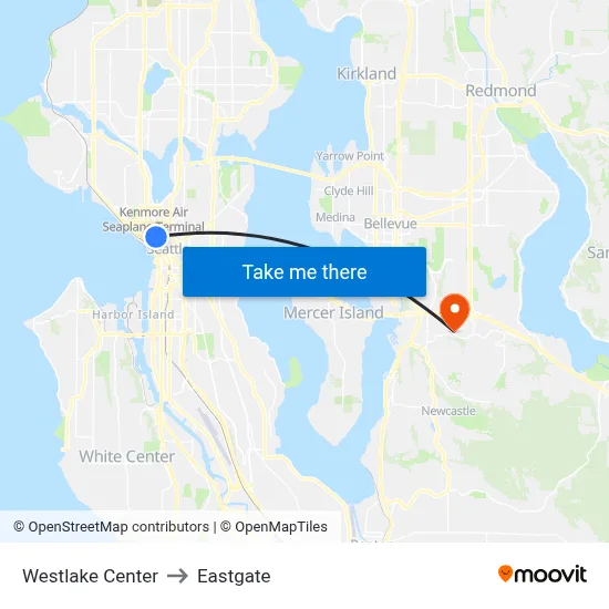 Westlake Center to Eastgate map