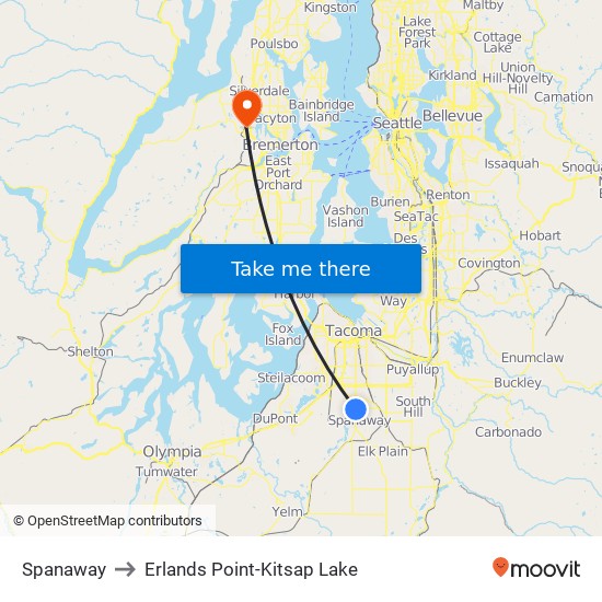 Spanaway to Erlands Point-Kitsap Lake map