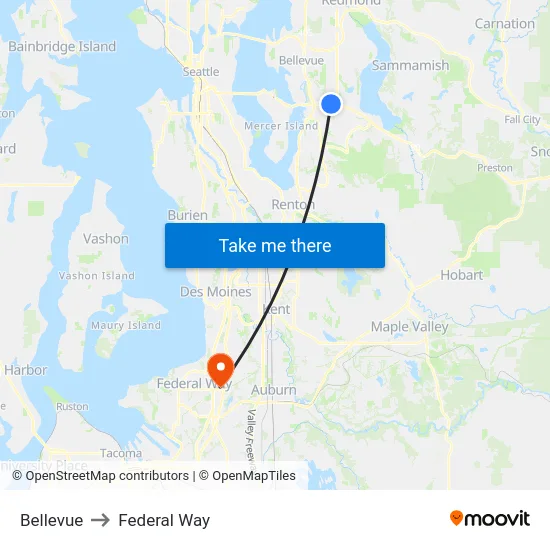Bellevue to Federal Way map