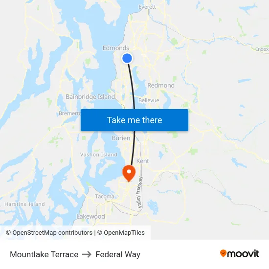 Mountlake Terrace to Federal Way map