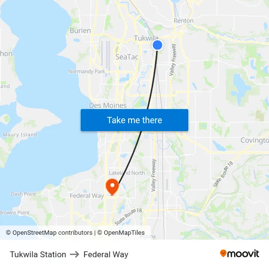 Tukwila Station to Federal Way map