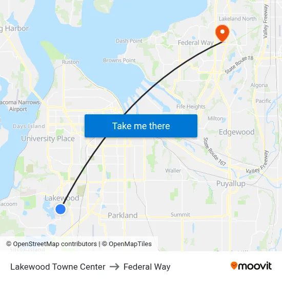 Lakewood Towne Center to Federal Way map