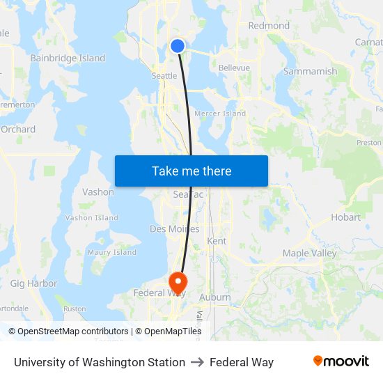 University of Washington Station to Federal Way map