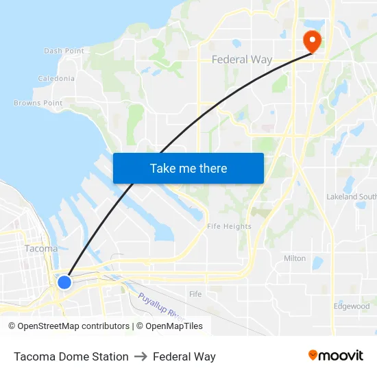 Tacoma Dome Station to Federal Way map
