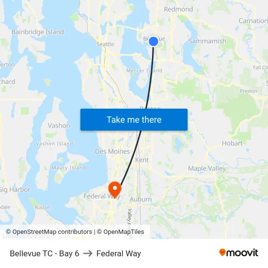 Bellevue TC - Bay 6 to Federal Way map