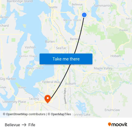 Bellevue to Fife map