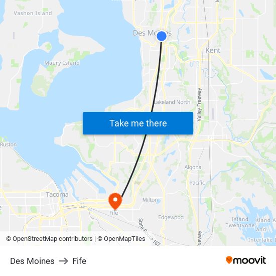 Des Moines to Fife map