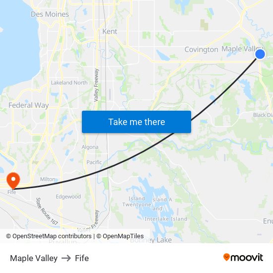 Maple Valley to Fife map