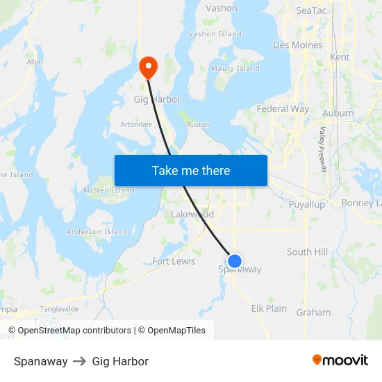 Spanaway to Gig Harbor map