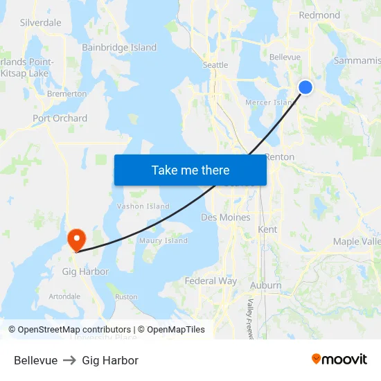 Bellevue to Gig Harbor map