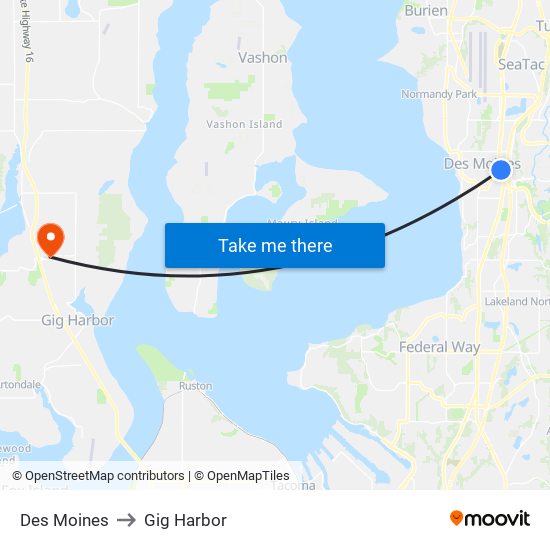 Des Moines to Gig Harbor map