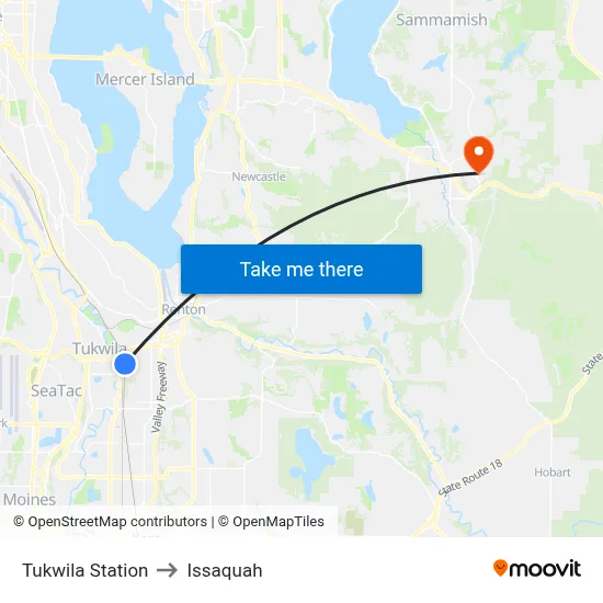 Tukwila Station to Issaquah map
