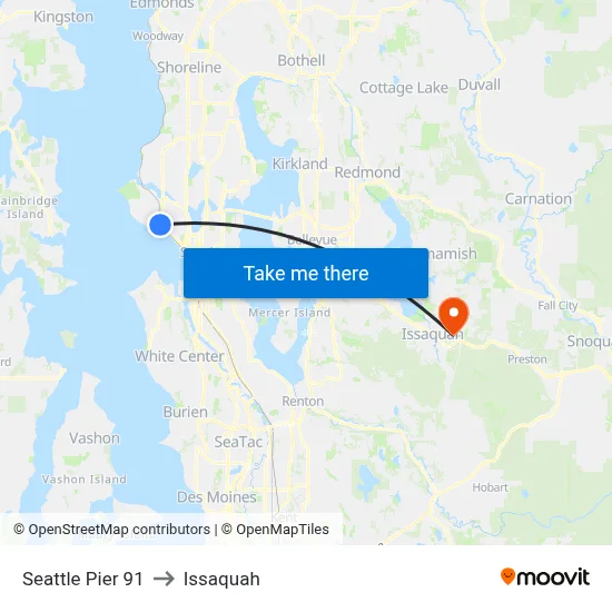 Seattle Pier 91 to Issaquah map