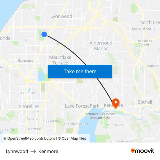 Lynnwood to Kenmore map
