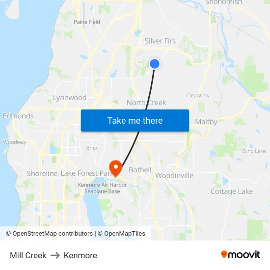 Mill Creek to Kenmore map