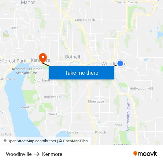 Woodinville to Kenmore map