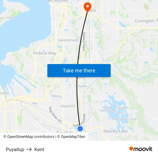 Puyallup to Kent map
