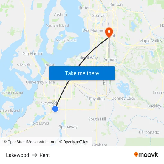 Lakewood to Kent map