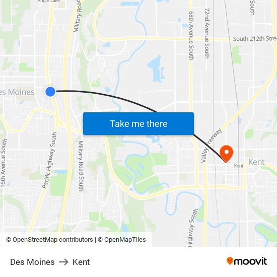 Des Moines to Kent map