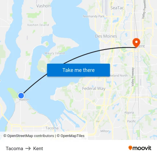 Tacoma to Kent map