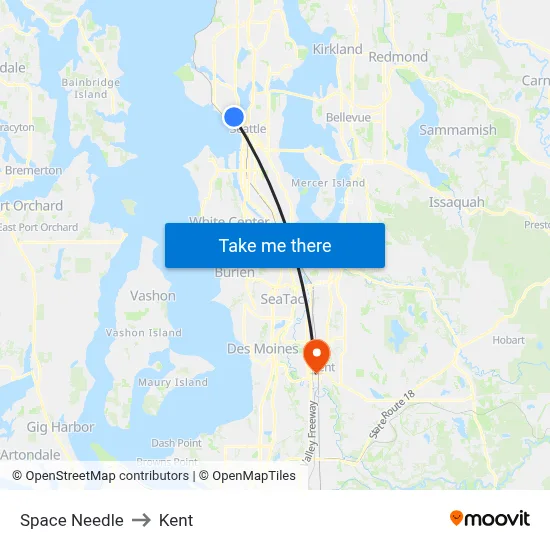 Space Needle to Kent map