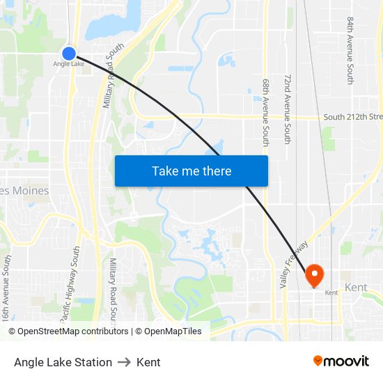 Angle Lake Station to Kent map