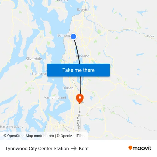 Lynnwood City Center Station to Kent map
