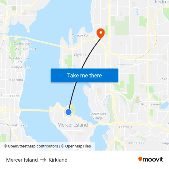 Mercer Island to Kirkland map