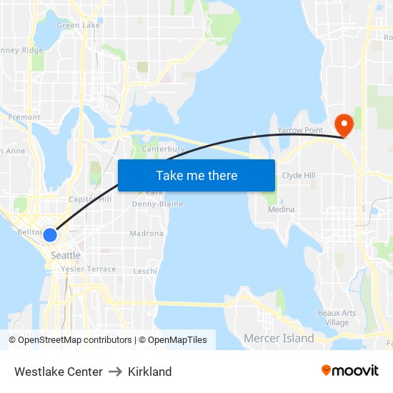 Westlake Center to Kirkland map