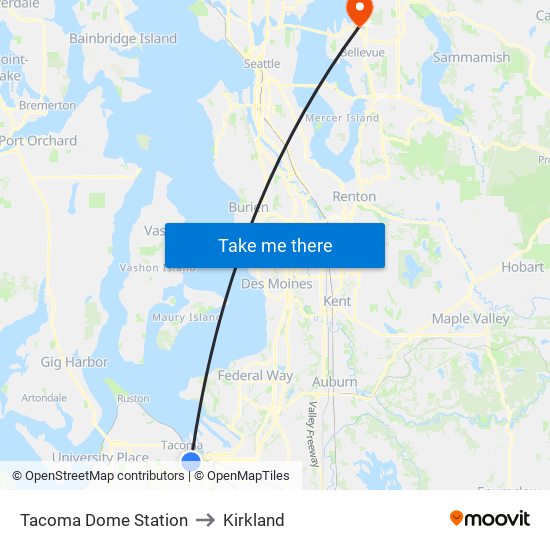 Tacoma Dome Station to Kirkland map