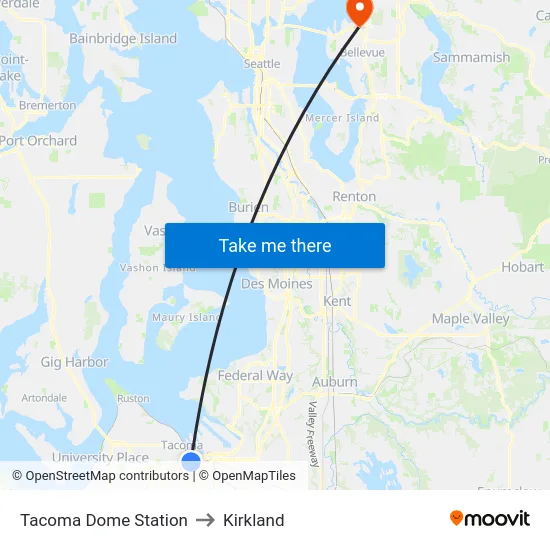Tacoma Dome Station to Kirkland map