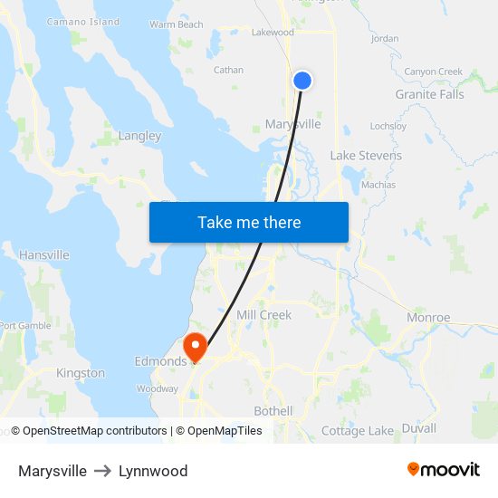 Marysville to Lynnwood map