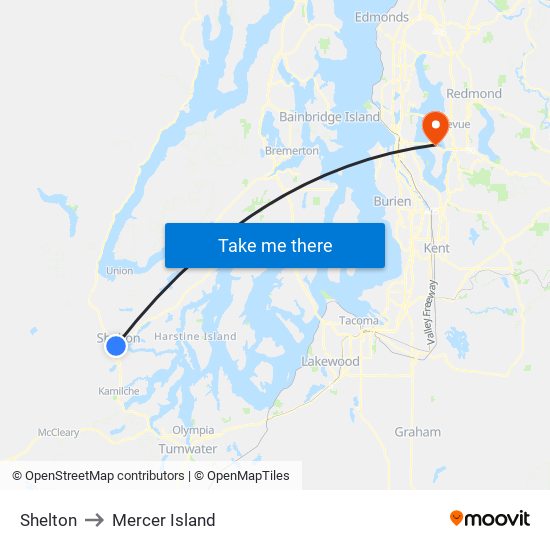 Shelton to Mercer Island map