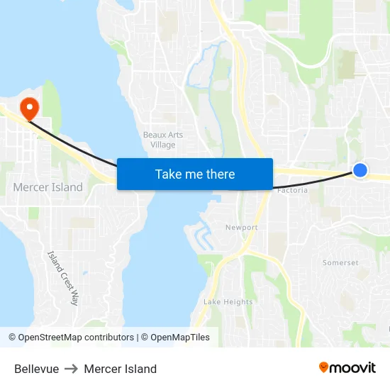 Bellevue to Mercer Island map